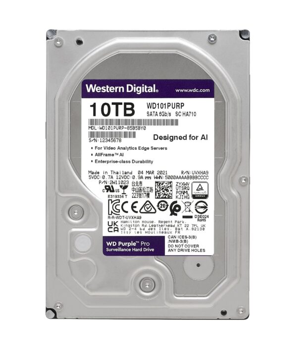 Western Digital 10TB WD Purple Pro Surveillance Internal Hard Drive HDD - SATA 6 Gb/s, 256 MB Cache, 3.5" - WD101PURP